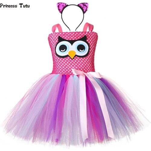 Girls Owl Tutu Dress Pastel Nighthawk Animal Theme Girl Birthday Party Dress Perform Halloween Owl Cosplay Costume for Kids 1-14