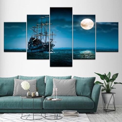 Canvas Painting The ship on the sea night sky 5 Pieces Wall Art Painting Modular Wallpapers Poster Print living room Home Decor