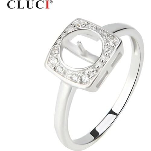 CLUCI 925 Sterling Silver Women Pearls Rings Mounting Jewelry for Women Silver 925 Zircon Square Rings SR1013SB