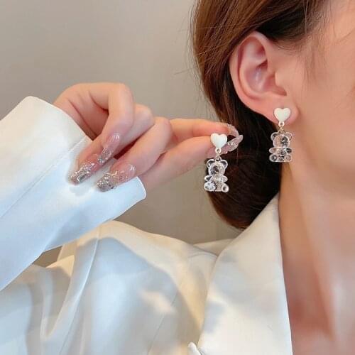 Cute Heart Bear Dangle Earring Sweet Trendy Colorful Transparent Resin Bear Animal Earrings For Women Girls Fashion Jewelry