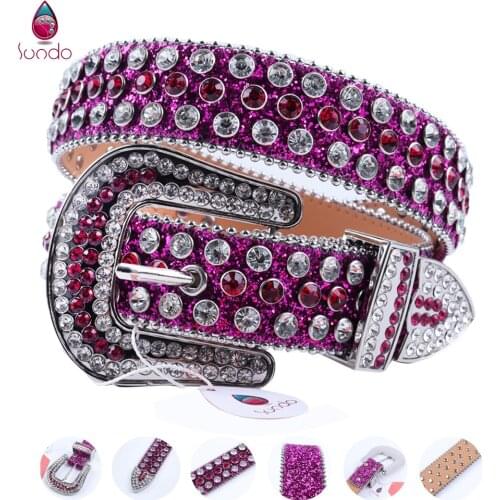 Fashion Luxury Strap Purple Diamond Belts Western Cowboy Crystal Studded Belt Rhinestone Cowgirl Belt For Jean Cinto Feminino