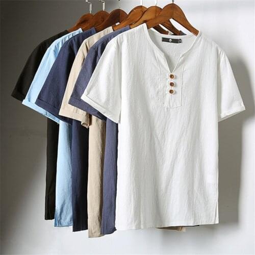 Hot Fashion Plus Size Solid Cotton Linen Shirts Mens Summer Button Short Sleeves Tops Large Size M-6XL 7XL
