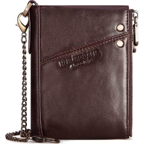 Mens RFID Blocking PU Leather Bifold Wallet Business Short Purse Change Pocket with Anti Theft Chain billetera