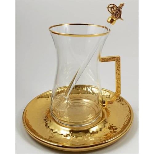 18 piece Gold Tuğra Crested Tea Set Kit 6 piece handle tea cup 6 piece stainless tea plate 6 piece tuğralı tea spoon