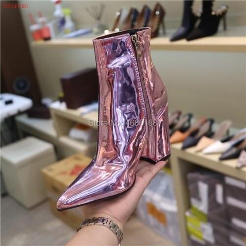 2019 New Sliver Gold Mirror Metallic Women Ankle Boots Pointed Toe Chunky High Heel Bootties Women Female Sexy winter Boots