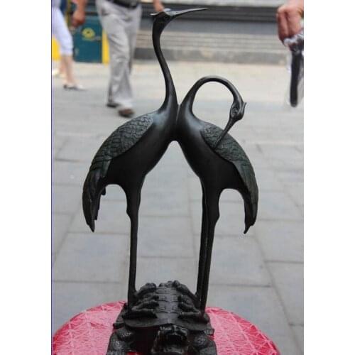 Song voge gem S1233 18 Palace Feng Shui Bronze Copper Two Red crowned Crane on Dragon Turtle Statue
