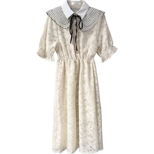 PERHAPS U Women White Crochet Lace Polka Dot Peter Pan Collar Bow Dress Short Sleeve Empire Knee Length Dress Summer D2673