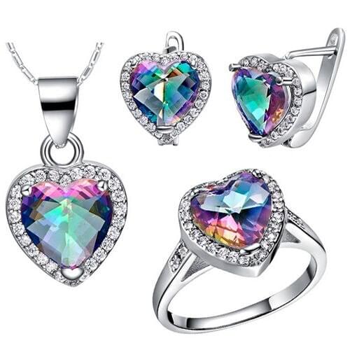 Luxury Jewelry Sets Crystal suit Girls New 925 Heart of Ocean Crystal Pendant Ring Earrings Necklace Jewelry Set