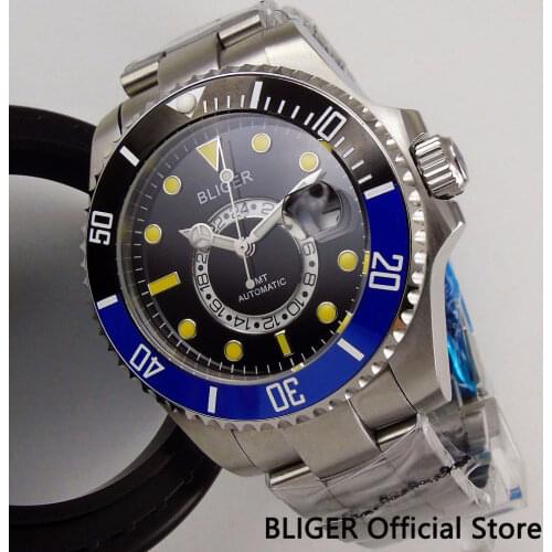 Sapphire Crystal BLIGER 43MM Mens Watch Blue Black Ceramic Bezel Date Indicator GMT Indicator Automatic Movement Wrist Watch