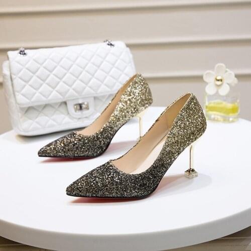 Women shoes High-heeled womens wine glasses and cats and shoes shallow mouth sequins wild single shoes women wedding shoes