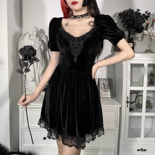 Vintage Black Velvet Lace Trim High Waist Mini Dress 2021 Women Fashion Short Puff Sleeve Dresses Party Club Wear