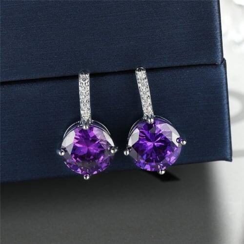 Vintage Female Purple Crystal Stone Earrings Rose Gold Silver Color Stud Earrings Luxury Round Zircon Wedding Earrings For Women