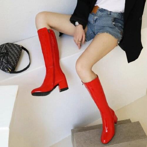 Sianie Tianie Patent PU Leather Red White Women Shoes 2021 Winter Sexy Knee High Riding Female Motorcyle Boots Big Size 42 43 44