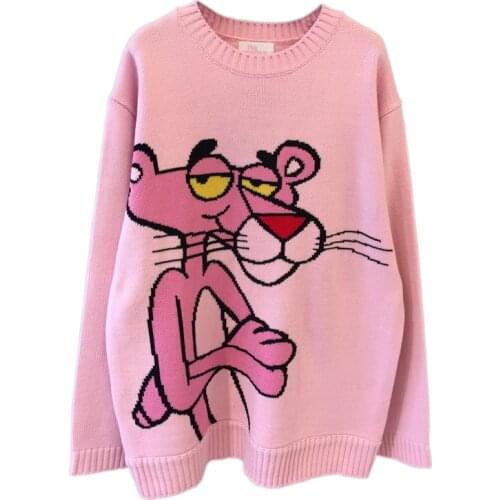 Spring Women Sweater Loose Long Top O-neck Pullover Cute Knitted Sweaters Print Panther Cartoon Harajuku Vintage Pink Punk Style