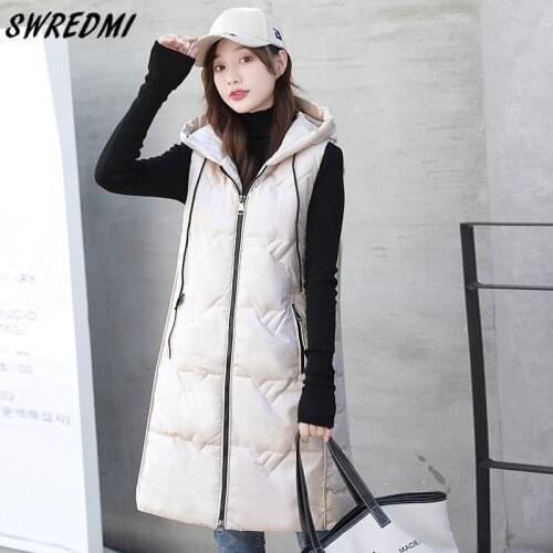 SWREDMI Long Waistcoat Women Hooded Cotton Warm Vest Outerwear Students Hat Rope Snow Wear Parka Coat Sleeveless