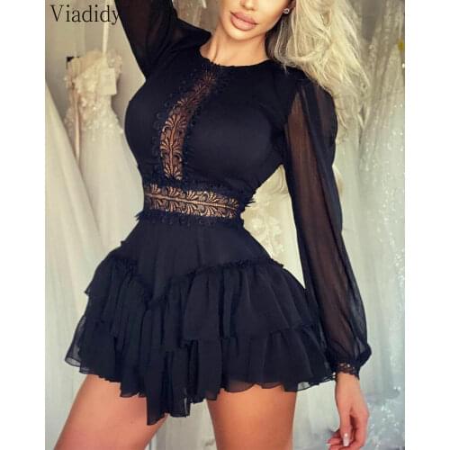 Women Lace Patchwork Mesh Sleeve Long Sleeve Ruffle Hem Mini Dress Sexy Transparent Party Dress Female