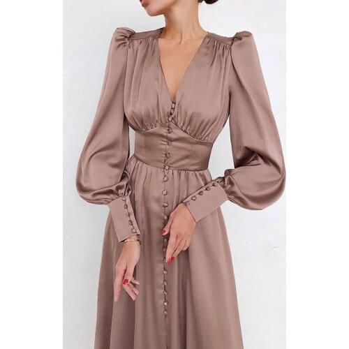Women Single Breasted Sexy Dress V Neck Mid-calf Slim Dresses Female Fashion Lantern Long Sleeve High Waist Satin Party Dresses