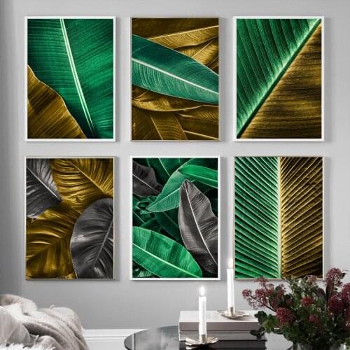 Golden Grey Banana Leaf Green plants Leaf Canvas Poster Print Modern Decor Abstract Wall Art Painting Nordic Hallway Picture