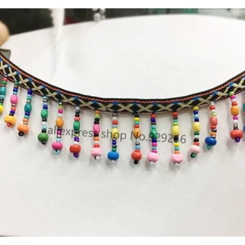 2 yards/lot bohemian style colorful wood beads lace with 3.2cm fringe for ethic garment clothing shoes bags artcrafts decoration