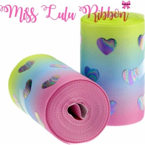 3"75mm Rainbow Hologram Foil Heart Patterns Gradient Stripes Printed Grosgrain Ribbon DIY Gift Bowknots Wrap 5yards/roll