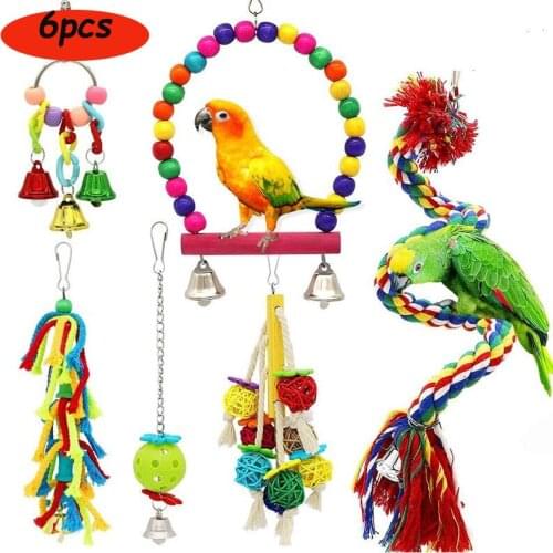 6pcs Parrot Parakeet Bird Toys Pet Accessories Hanging Bell Ladders Climbing Shaking Swing Toy Chewing Bite Rope Ball
