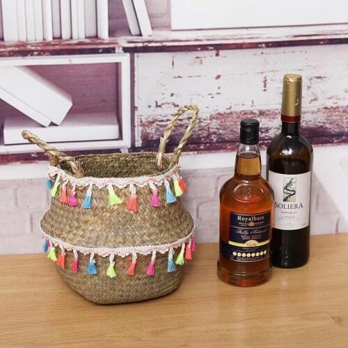 Handmade Bamboo Storage Baskets Seagrass Wicker Basket Garden Flower Pot Laundry Basket Container Toy Holder with White Tassel