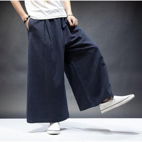 Vintage Men Casual Wide Leg Pants Cotton Elastic Waist Pockets Joggers Retro Loose Trousers Plus size Long Pants 5XL 6XL 7XL