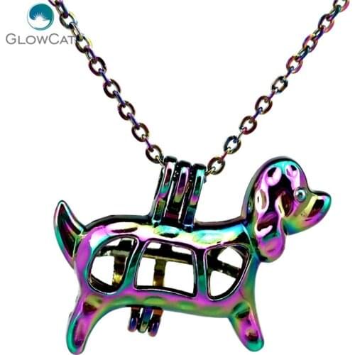 C583 COLORS Rainbow Multicolor Dog Puppy Beads Cage Locket Necklace 18" Aroma Essential Oil Diffuser Locket Necklace