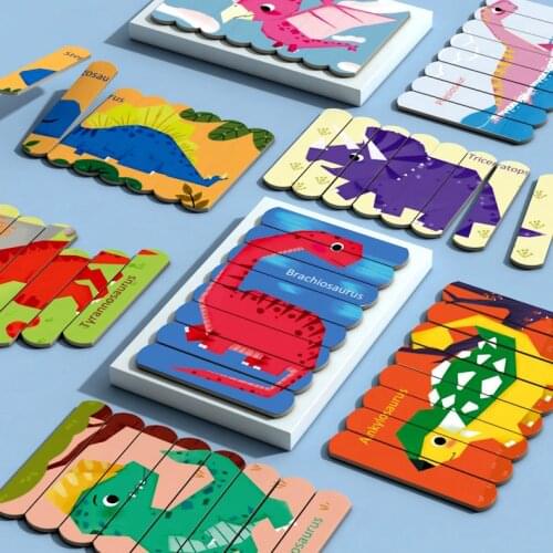 Wooden Montessori Iron Box Bar Jigsaw Puzzle Game Toy Cognition Dinosaur Princess Animal Preschool Early Childhood Education Toy