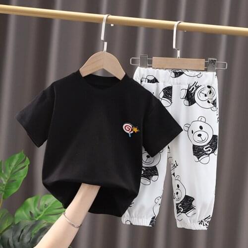 New Baby Summer Boys Clothes Set Kids Infant Lollipop Printing T-Shirt+cartoon Bear Fully Printing Pants Toddler Girls Clothing