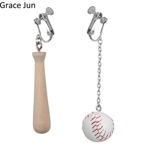 Grace Jun Korea Style Wood Baseball Stick Clip on Earring Wihtout Piercing for Girl Fashion Cute Long Tassel Earrings Xmas Gift