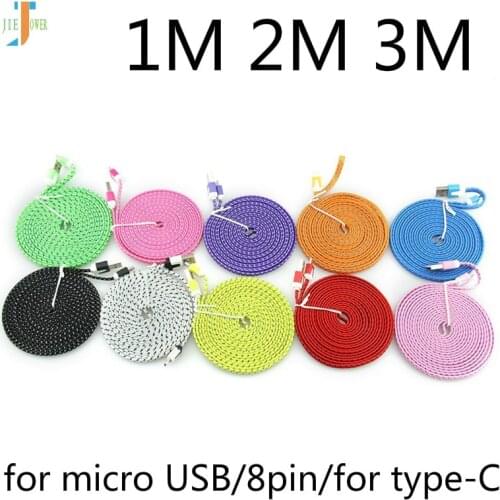 100pcs 1M 2M 3M Durable Noodle Flat Braided Fabric TypeC Type-C Usb C USB-C Micro USB Data Sync Charger Cable for IPhone Samsung