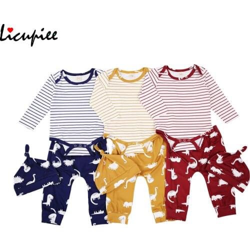 3 Pcs Newborn Animal Print Outfits, Infant Long Sleeve Round Neck Striped Romper + Trousers + Hat 0-18 Months