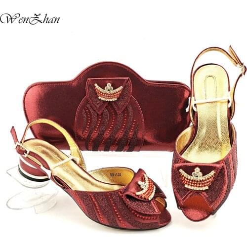 Summer Italian Ladies Shoes and Bag Soft Set African Wine Color Party Wedding Shoes With Bags Decorated With Rhinestone B15-31