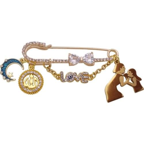Muslim Persian Crescent Moon Star Amulet mama baby love pin Allah islam brooch