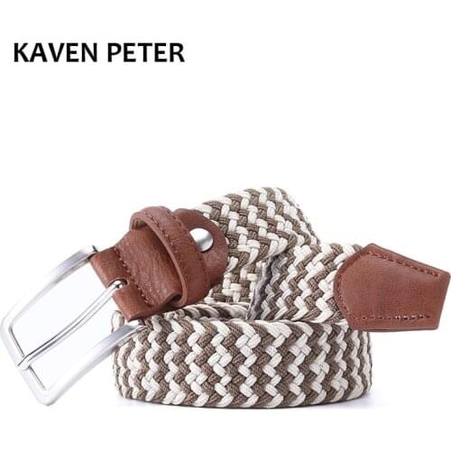 Mens Leather Covered Buckle Woven Elastic Stretch Belt Braided Woven Elastic Stretch Belt 3.5 cm Wide Free Shipping