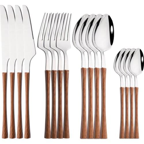 4/16Pcs Stainless Steel Dinnerware Cutlery Set Silver Wooden Tableware Western Food Knife Tea Fork Spoon Flatware Silverware