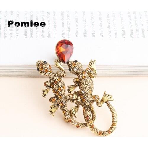 Pomlee Available Full Rhinestone Lizard Brooches Vintage Animal Brooch Pin Red Crystal Inlay Suit Accessories Gift