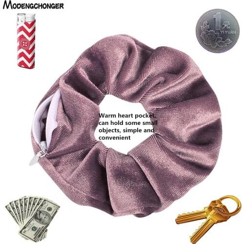 1PC Fashion New Velvet Tencel Pocket wallet Hair Scrunchies Retro Zipper Large Intestine Elastic Hair Band Hair Accessories Hot