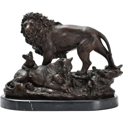 Lion Family Real Bronze Statue Love Wild Animal Sculpture Wildlife Art Home Office Table Decoration Gift Large