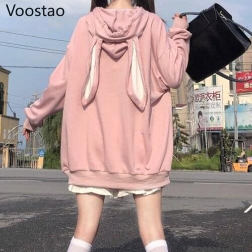 Japanese Cute Bear Print Hoodies Spring Autumn Women Kawaii Bunny Ears Sweatshirts Girly Sweet Rabbit Ears Oversized Hooded Coat