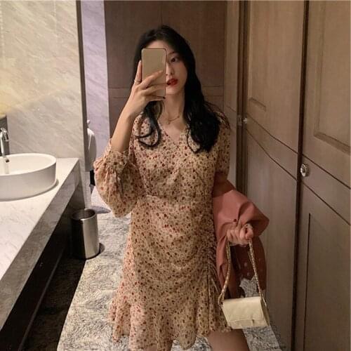 Kili Womens High-Waisted Skirt Was Thin and Temperament Wild Goddess Fan Small Long-Sleeved Floral Skirt Dress Apricot