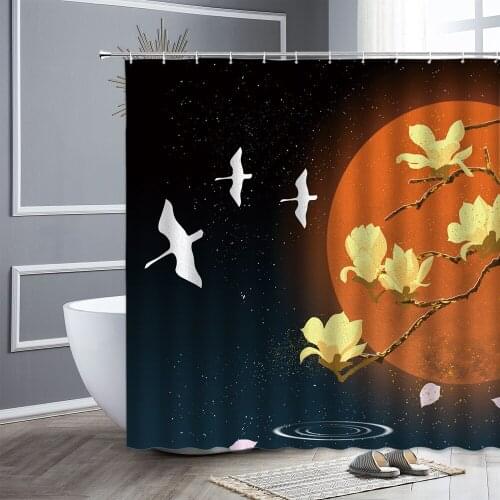 Chinese Style Shower Curtain Hooks Lotus Birds Moon Oil Painting Scenery Waterproof Fabric Bathroom Curtains For Home Decoration