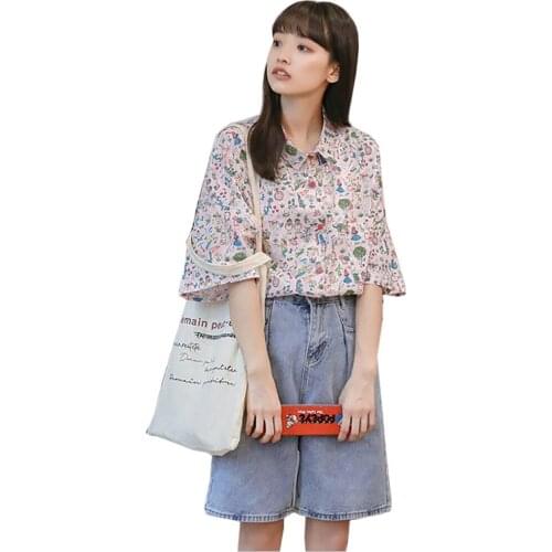 2021 New Summer Kawaii Shirt Female Japanese Harajuku Cute Retro Cartoon Mixed Color Floral Loose Short Sleeve Women Shirt Y2K