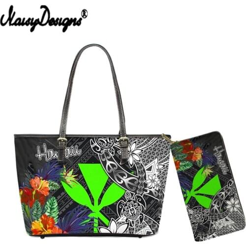 NOISYDESIGNS Fashion Top-handle Bag for Women Polynesian Hawaii Leaves Pattern Colorful Female 2pcs/Set Large Handbag and Purse