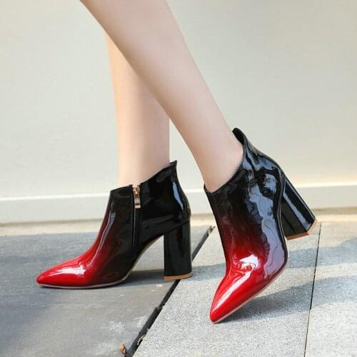 2021 High End Printed Patent Leather Women Shoes Spring and Autumn Ladies Thick soled High Heeled Short Boots Pointedshort Boots