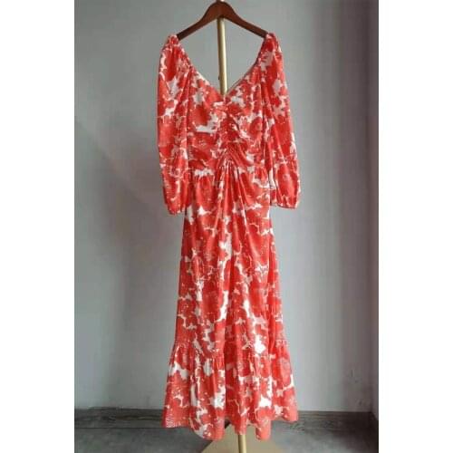 Women Cotton V Neck Floral Printed Puff Sleeve Gathering Waist Elbow Sleeve Long Dress