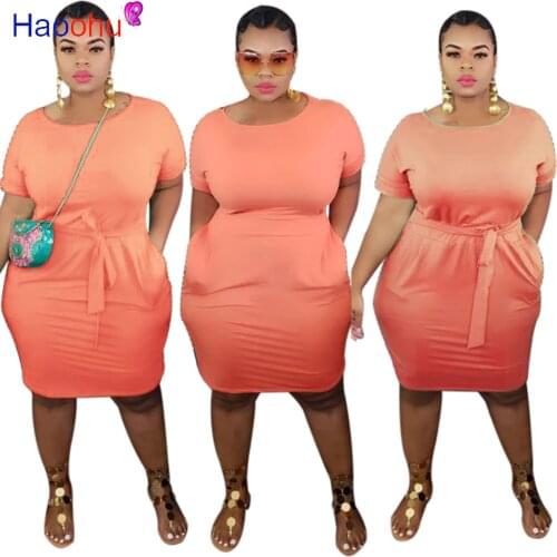 HAOOHU Plus Size XL-5XL Women Summer Solid Short Sleeve Casual T-shirt Dress Fashion Classic With Waist Dresses Vestidos