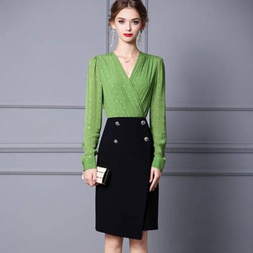 Fashion Designer 2021 Autumn Dress Women Color Matching V-Neck Slim High Quality Elegant Office Lady Asymmetrical Dresses