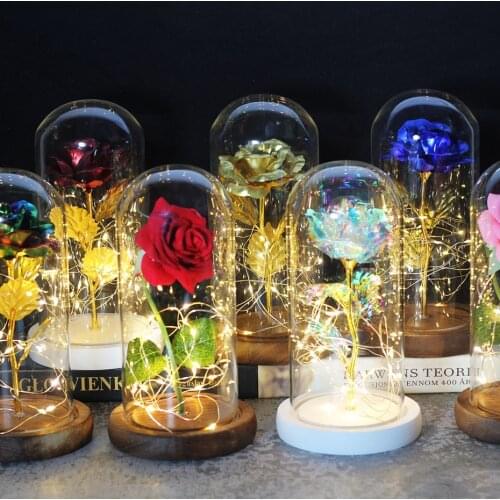 2021 Dropshipping Beauty and the Beast Red Rose in a Glass Dome with LED Light Wooden Base for Valentines Mothers Day Gifts